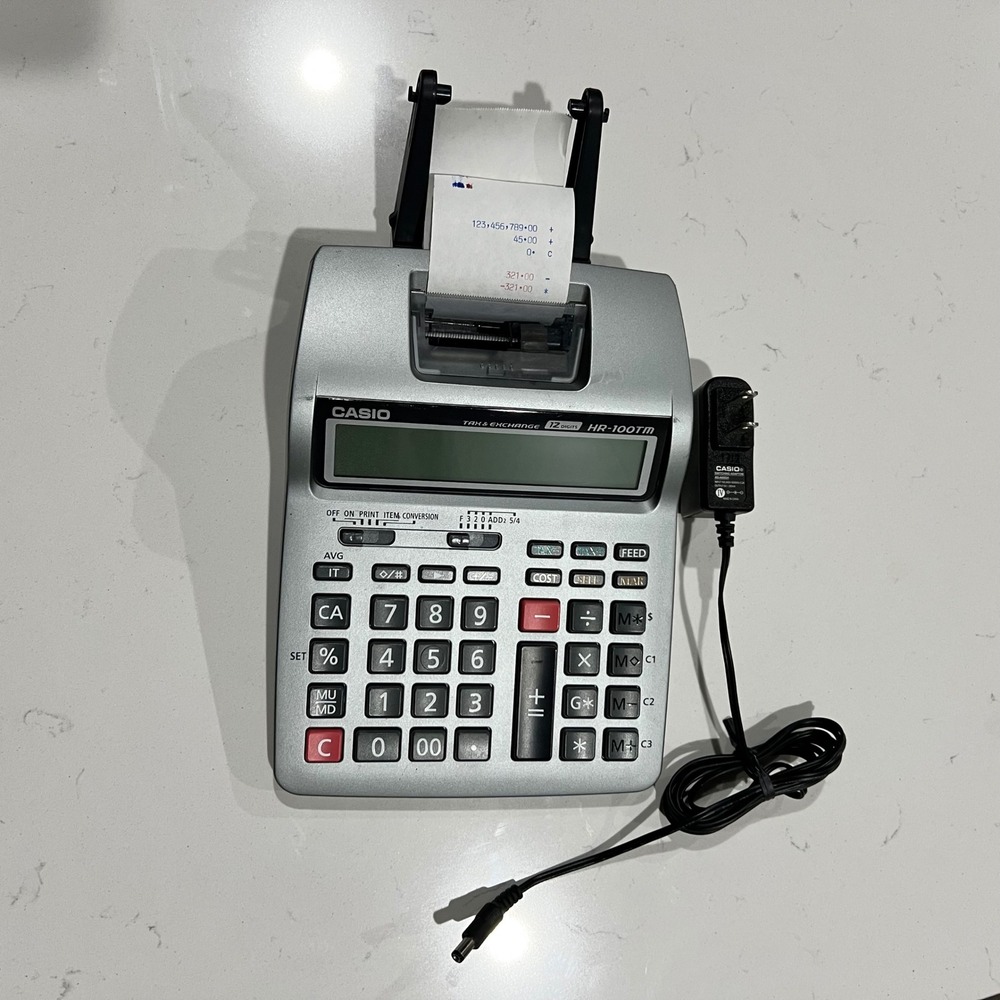 Casio HR-100TM 12 Digit Printing Calculator Silver with Original AC Adapter